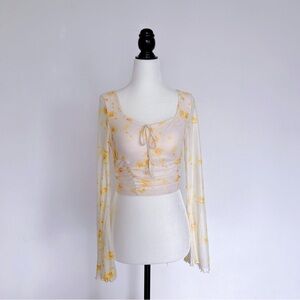 Shein NEW Floral Mesh Long Sleeve Ruched Top | Yellow Rose Print – XS